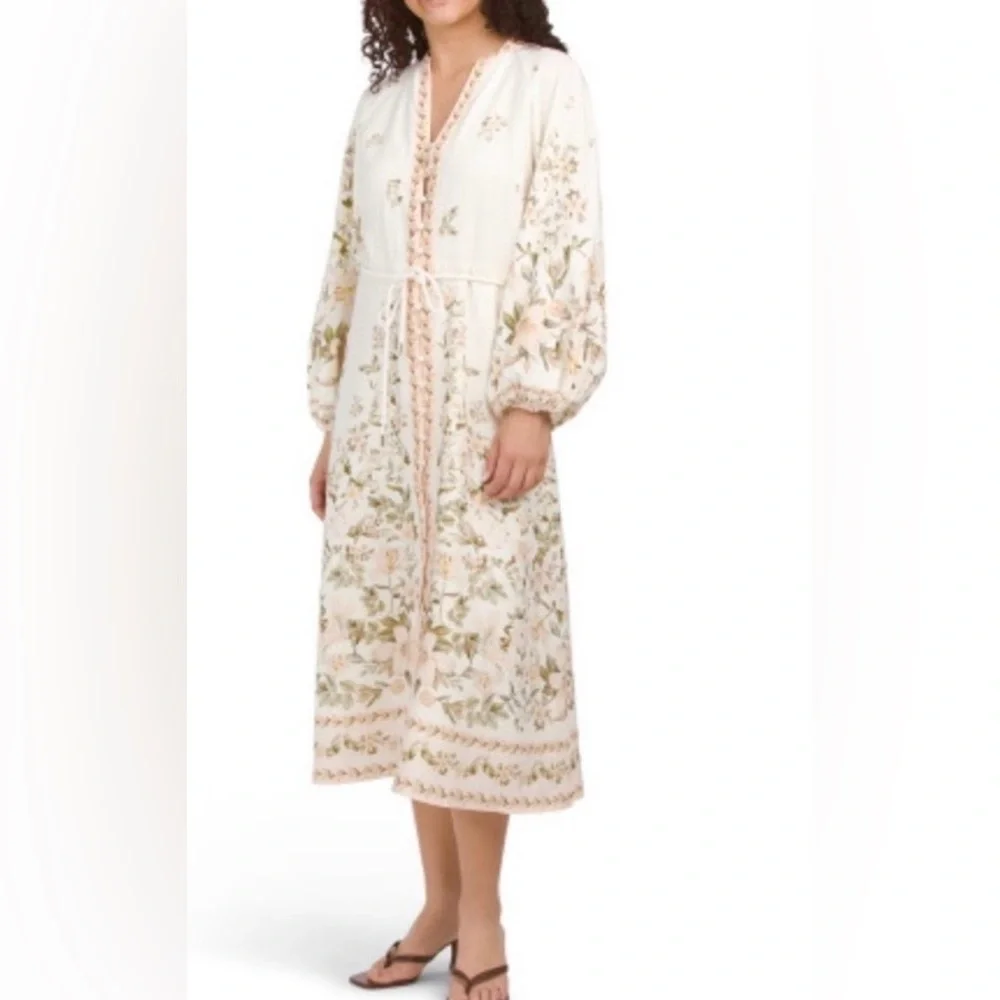 Calypso St. Barth Linen Cream Floral Long-Sleeve Midi Dress L - Picture 1 of 11